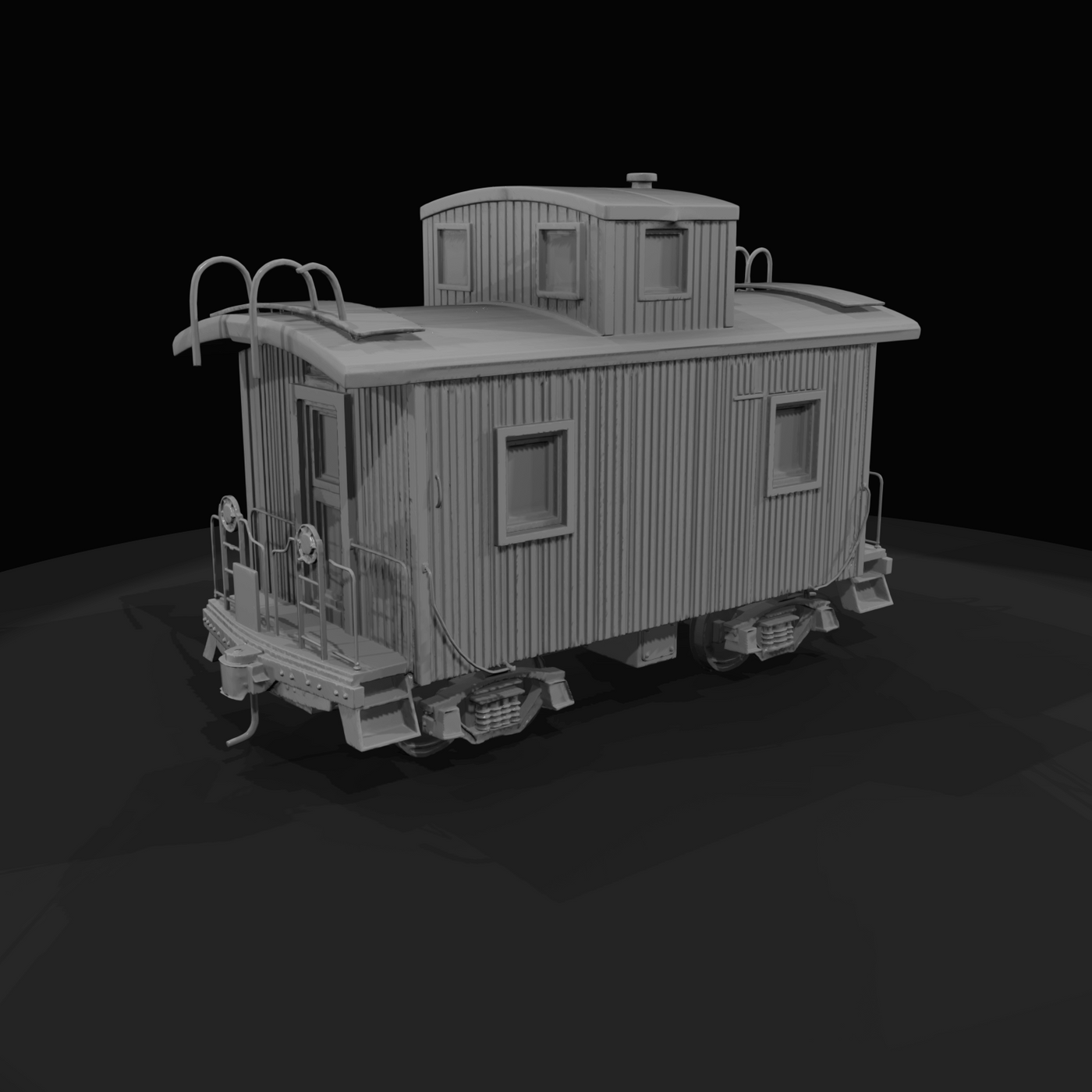late-19th / early-20th century wooden/metal caboose with cupola and end platforms