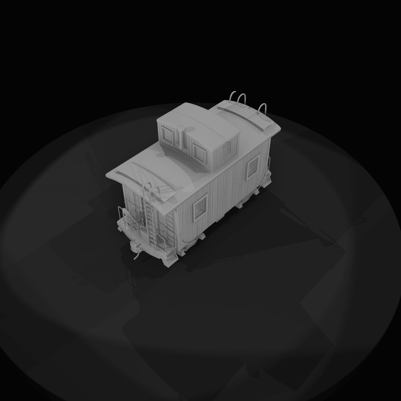 late-19th / early-20th century wooden/metal caboose with cupola and end platforms