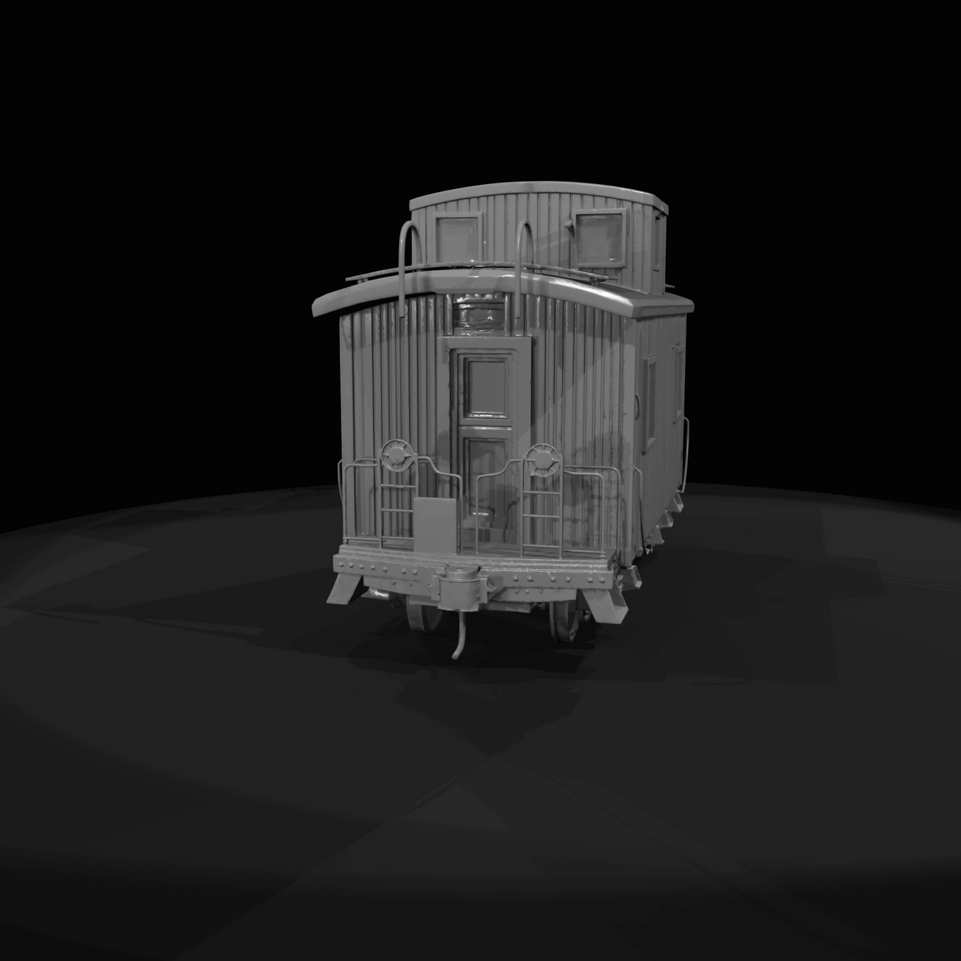 late-19th / early-20th century wooden/metal caboose with cupola and end platforms