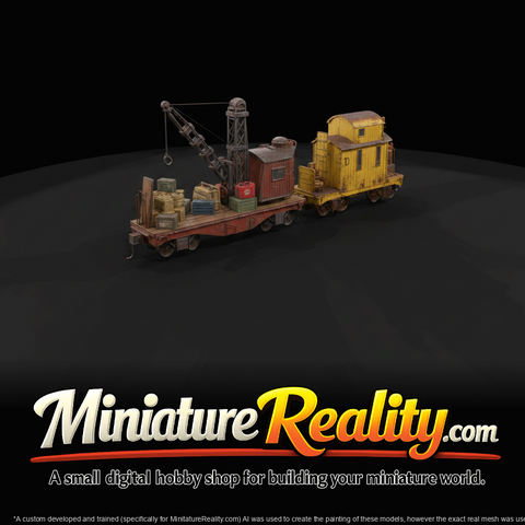 two‑car maintenance consist: flatbed crane car (boom, lattice mast, hook, cargo) coupled to a small box/brake van (caboose)
