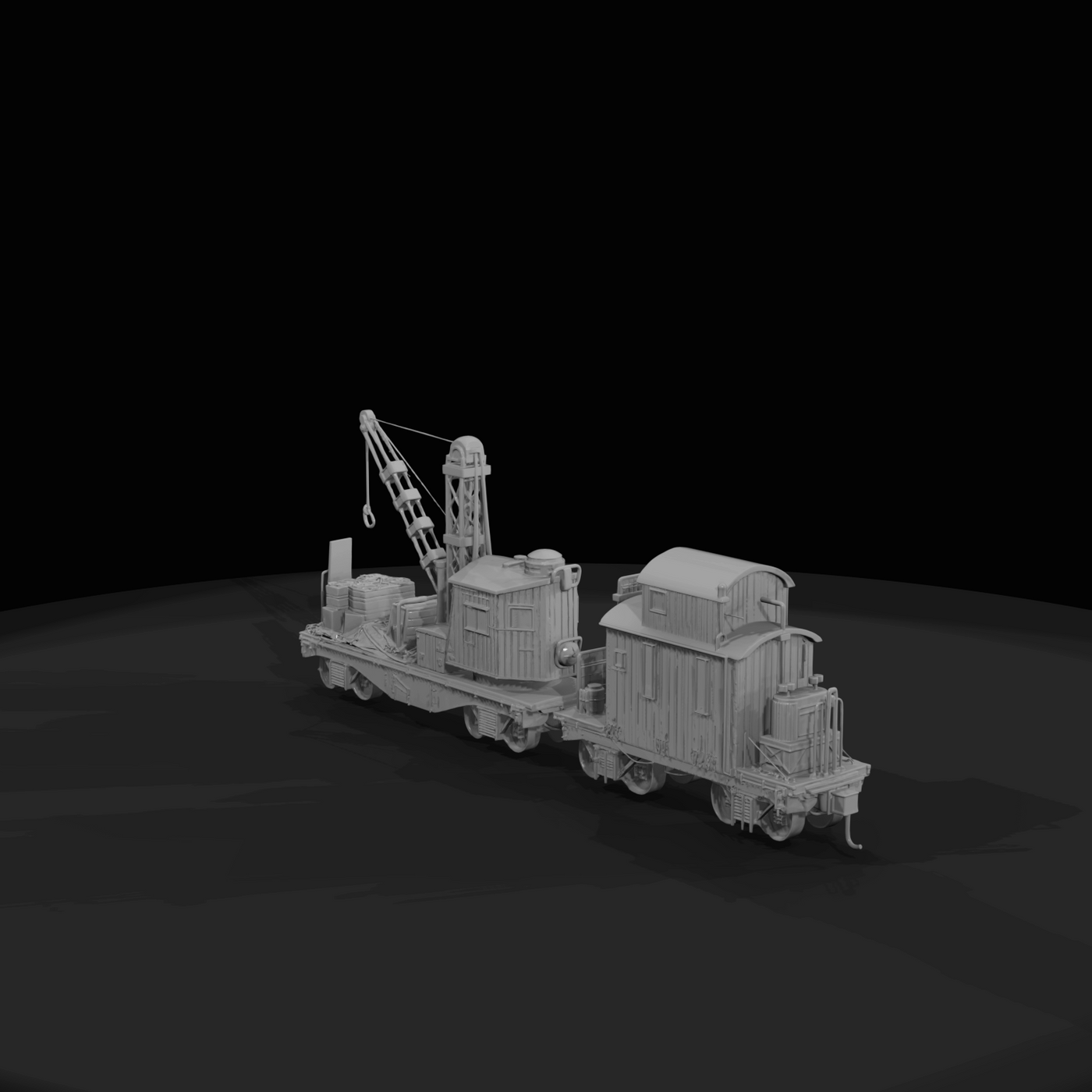 Railroad crane flatcar with attached caboose Static