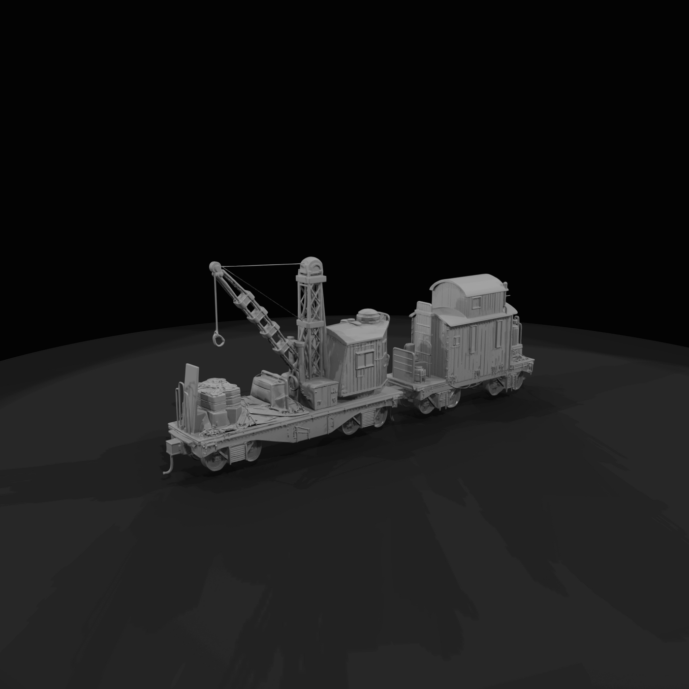 Railroad crane flatcar with attached caboose Static