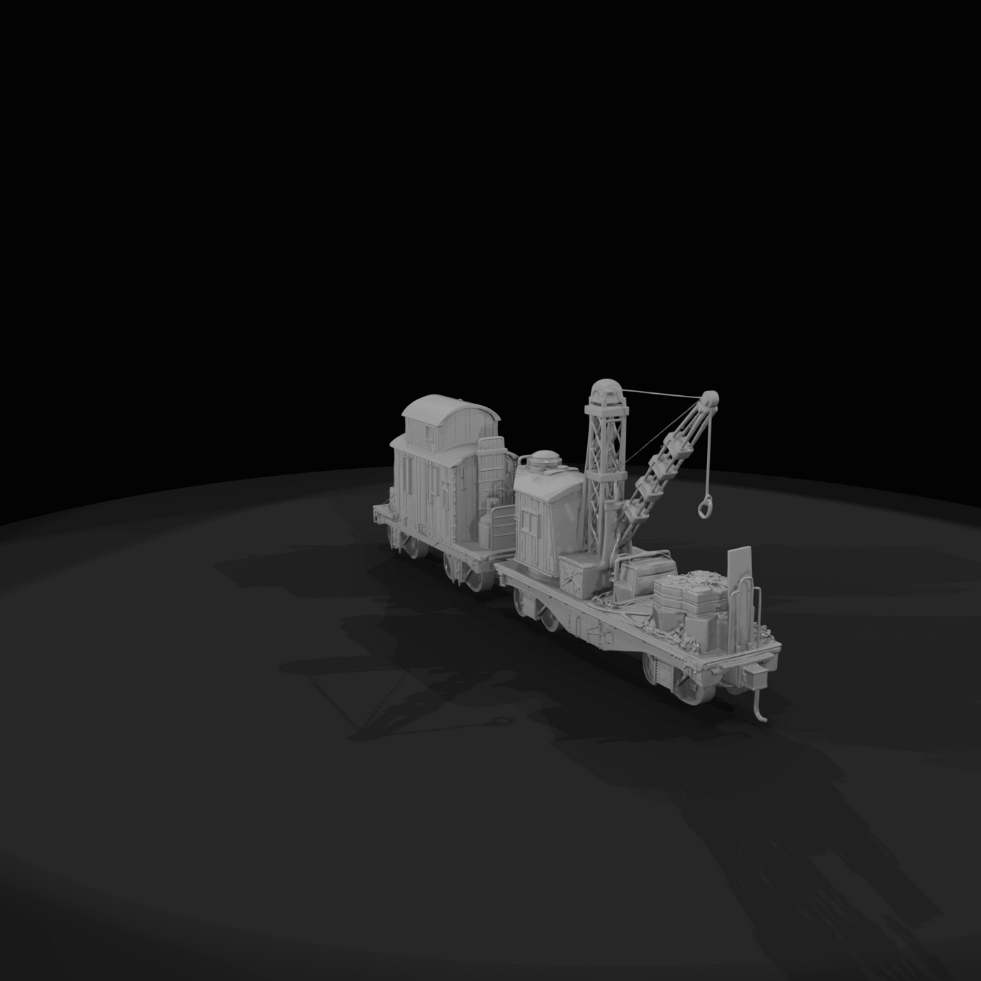 Railroad crane flatcar with attached caboose Static