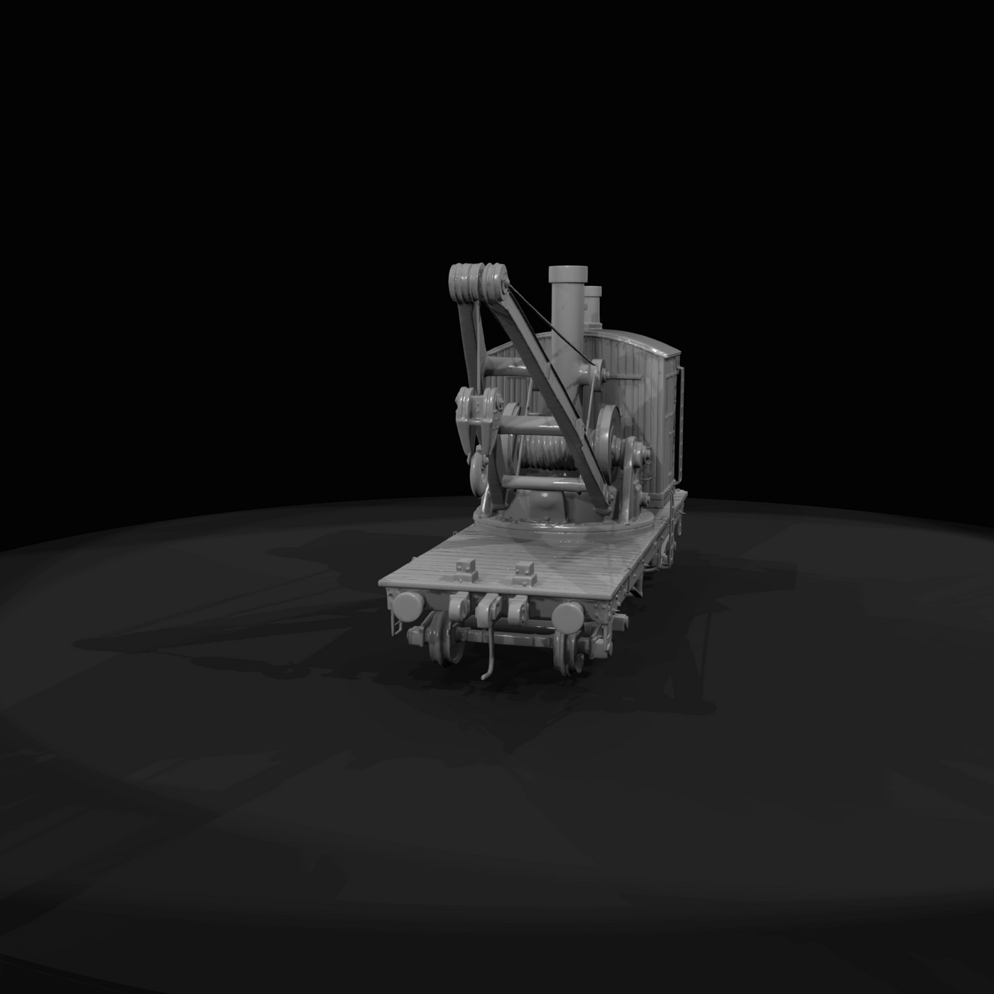 early-20th-century steam-driven rail crane (crane car / crane flatcar)