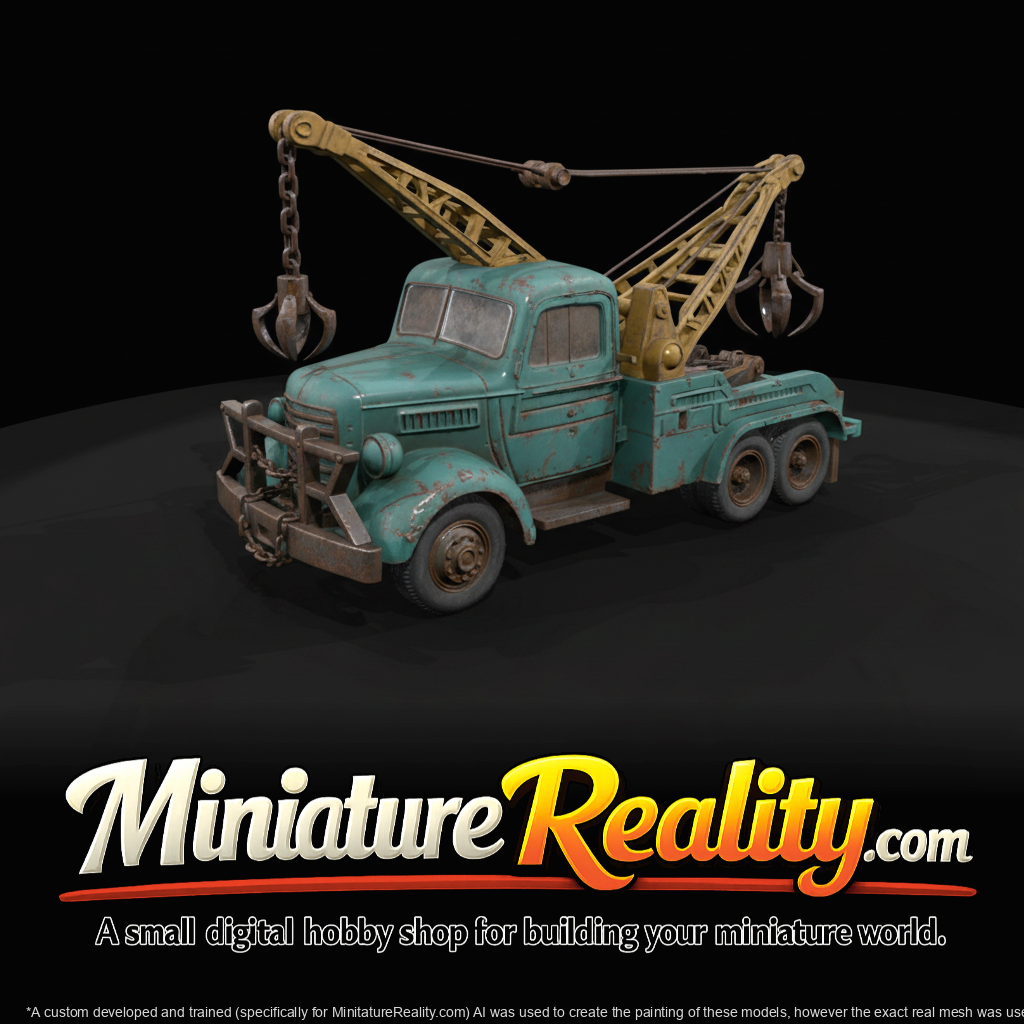 vintage tow-boom truck with multi-tine grapple, scale model (1940s–1960s) — rusty crane-truck, recovery vehicle