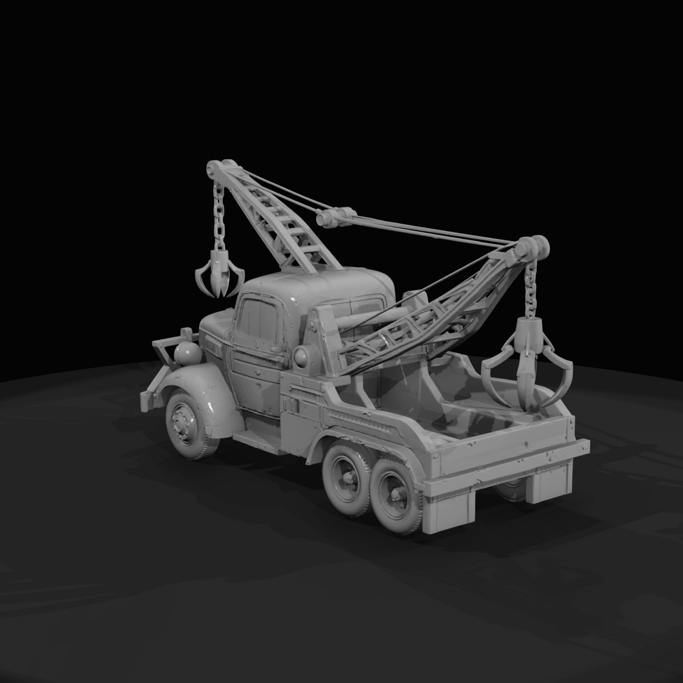 vintage tow-boom truck with multi-tine grapple, scale model (1940s–1960s) — rusty crane-truck, recovery vehicle