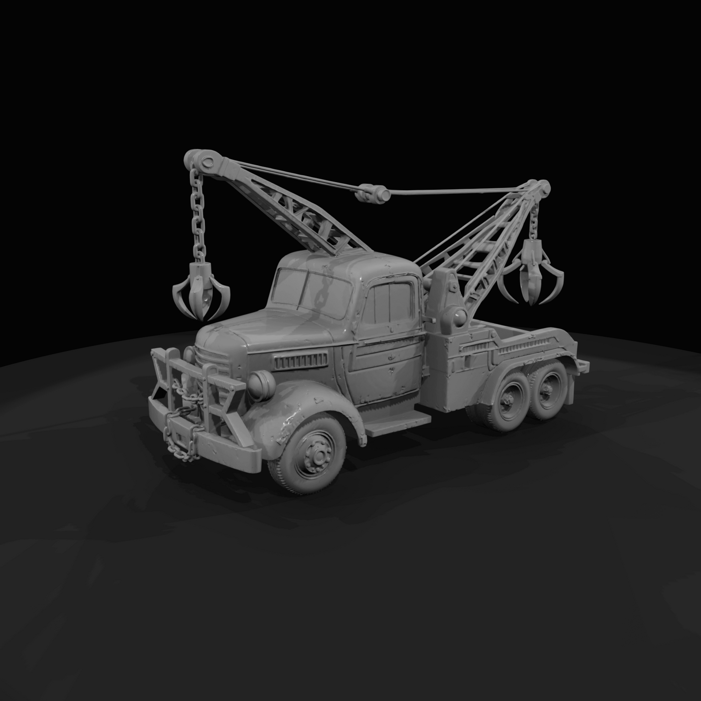 vintage tow-boom truck with multi-tine grapple, scale model (1940s–1960s) — rusty crane-truck, recovery vehicle