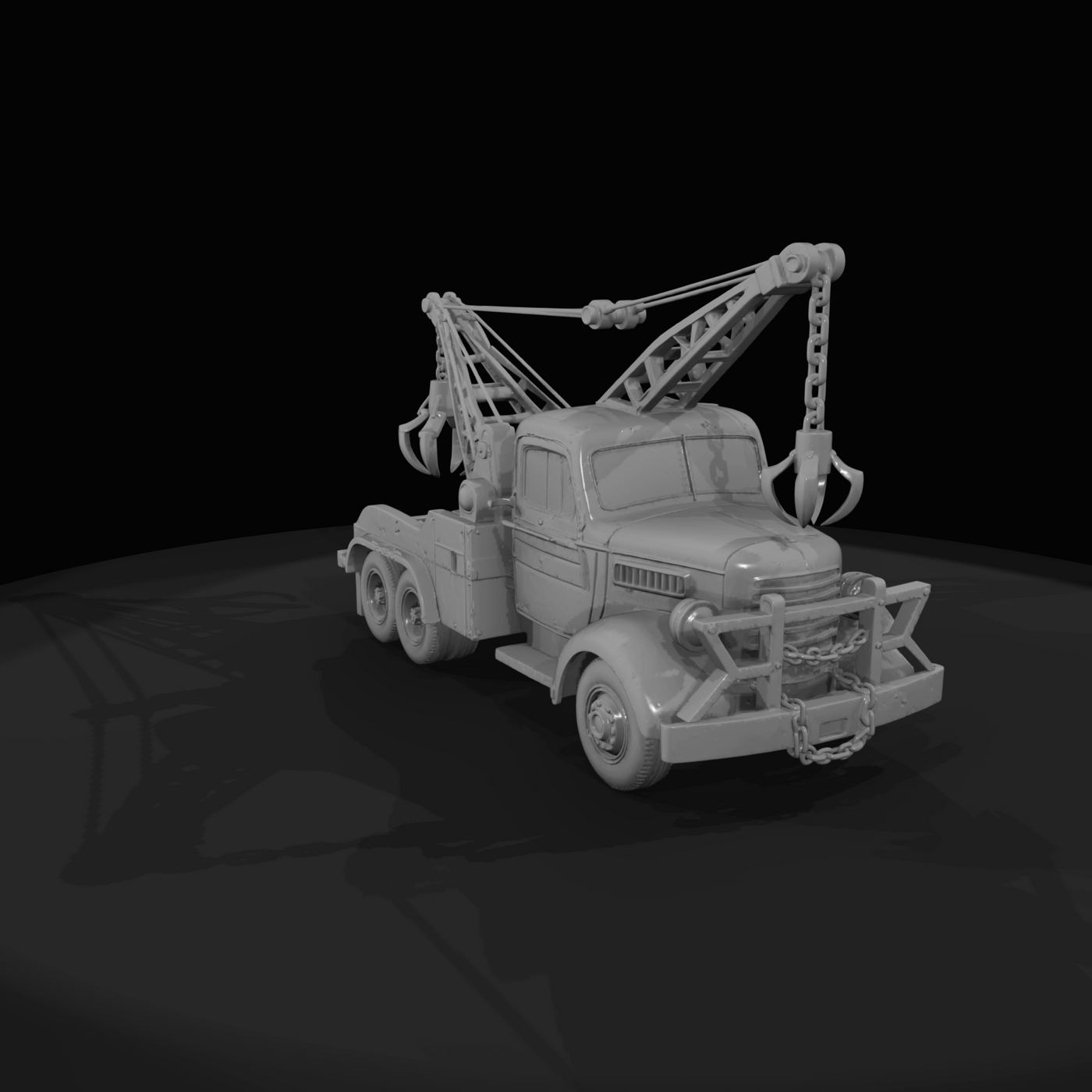 vintage tow-boom truck with multi-tine grapple, scale model (1940s–1960s) — rusty crane-truck, recovery vehicle