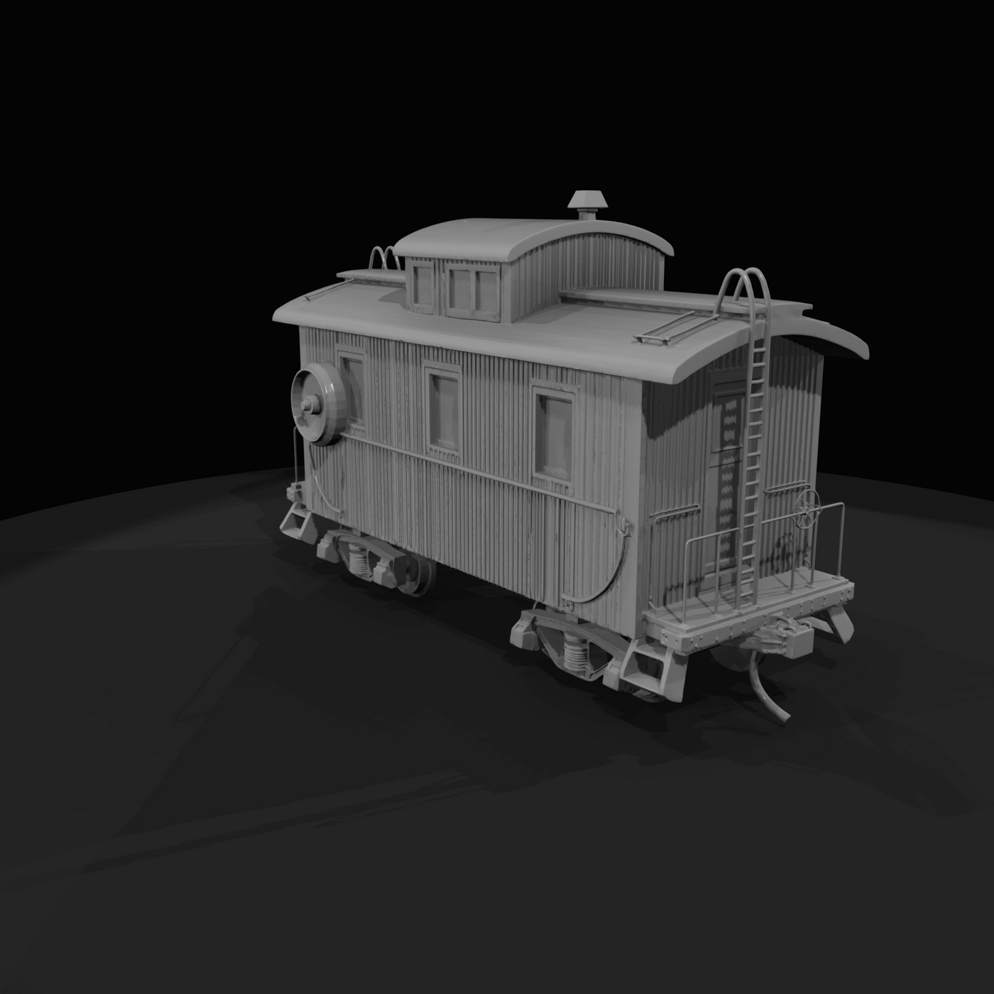 two-axle wooden-sided caboose with cupola, external ladders, handrails, and spare wheel