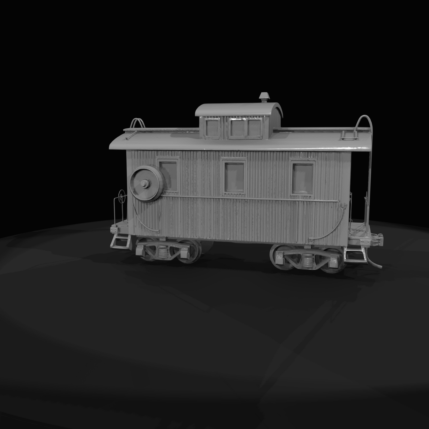 two-axle wooden-sided caboose with cupola, external ladders, handrails, and spare wheel