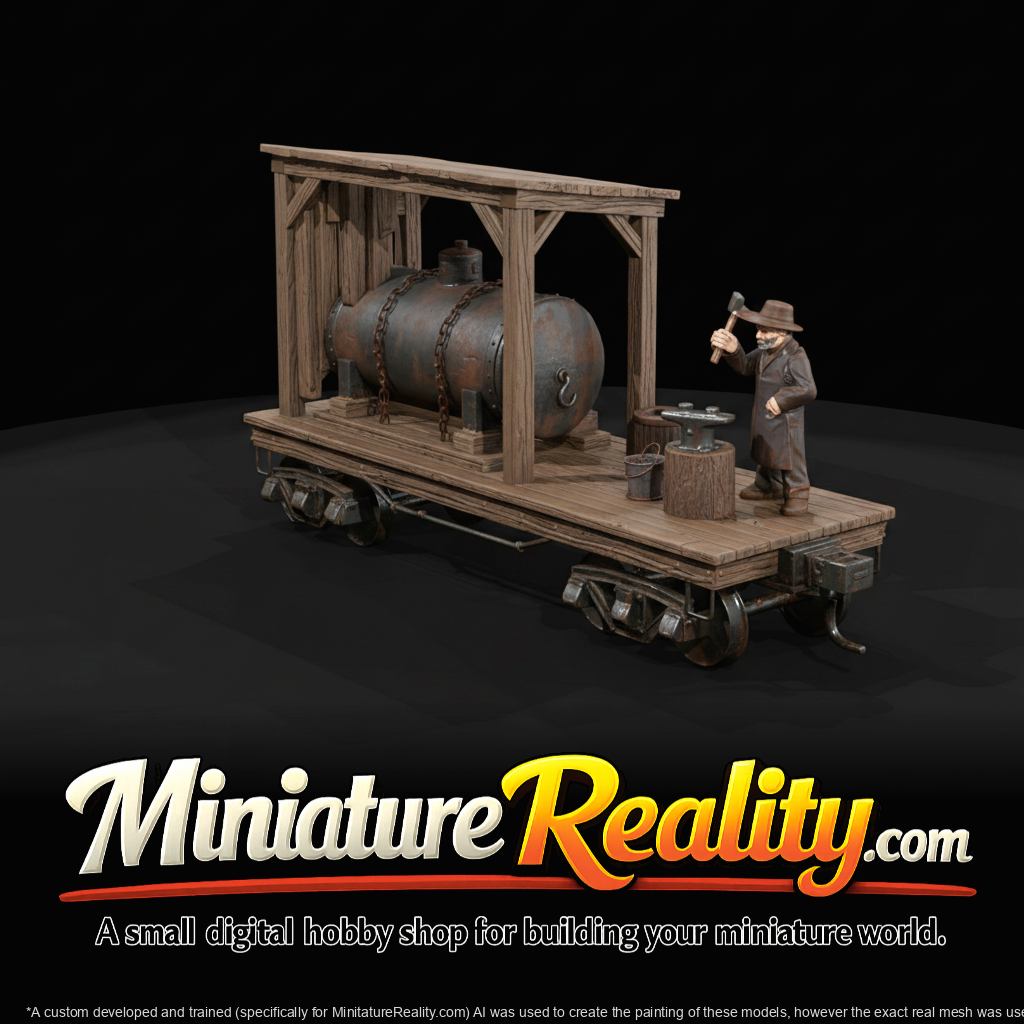 flatbed wagon carrying a riveted cylindrical tank secured by chains, simple roof/stall, anvil on stump, barrel and a standing worker figure with hammer