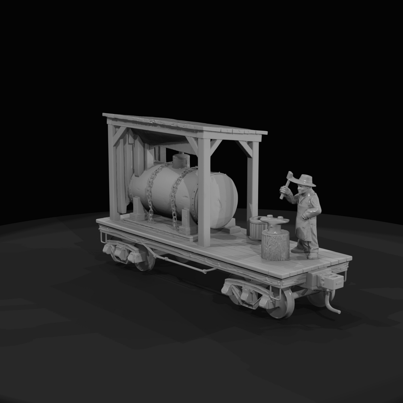 scale-model railroad flatcar vignette