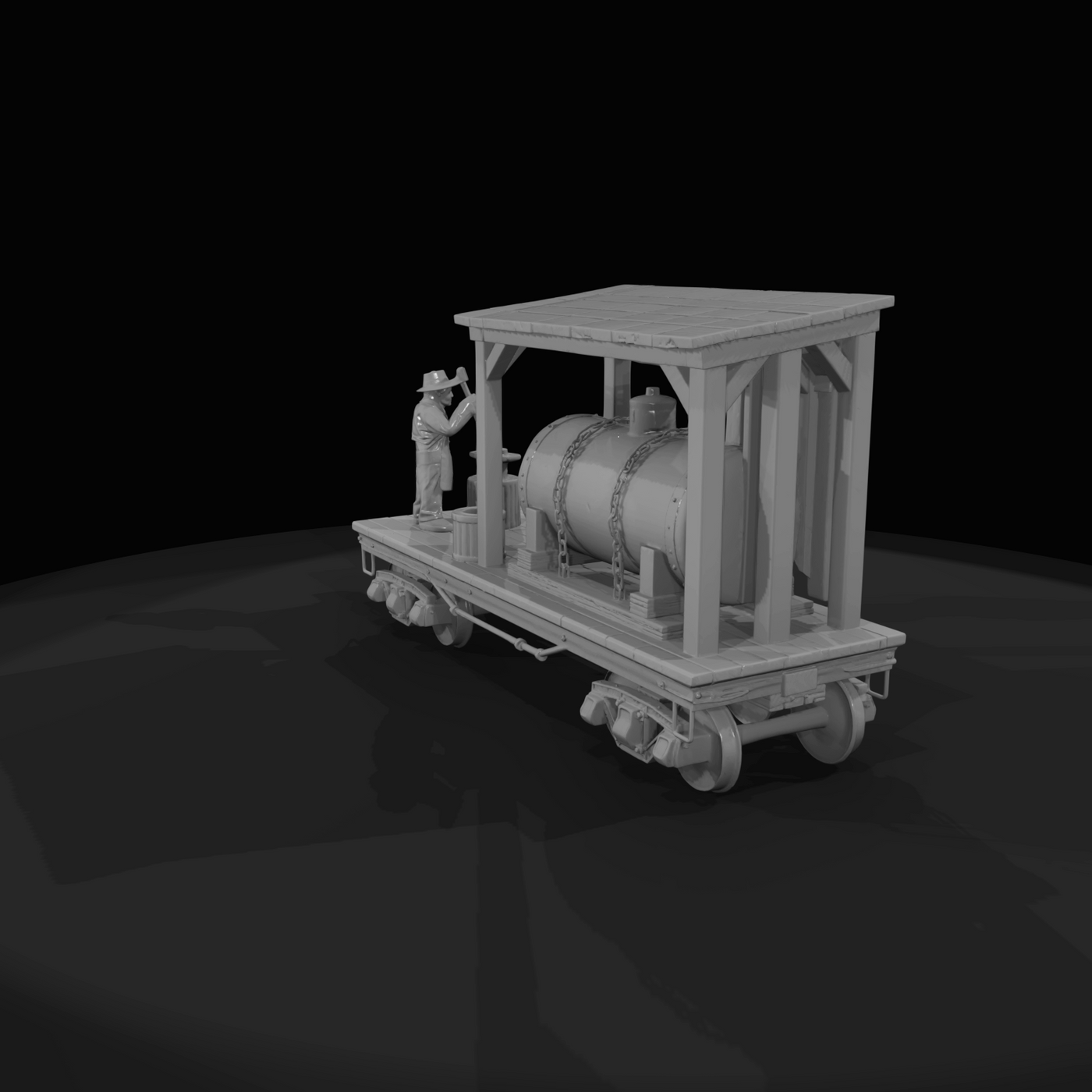 scale-model railroad flatcar vignette