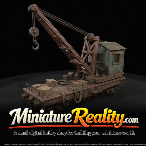 vintage wooden flatcar with mounted crane (manual winch, pulley hook, small operator cabin)