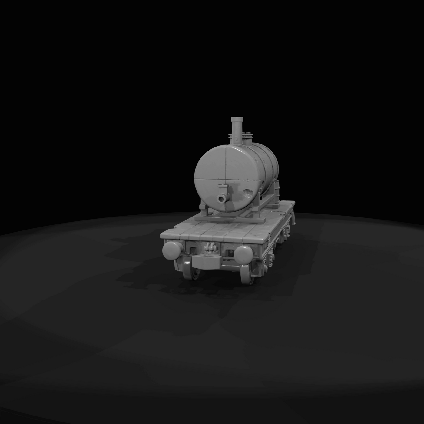 industrial small tank rail wagon (flatbed-mounted cylindrical fuel/chemical tank)