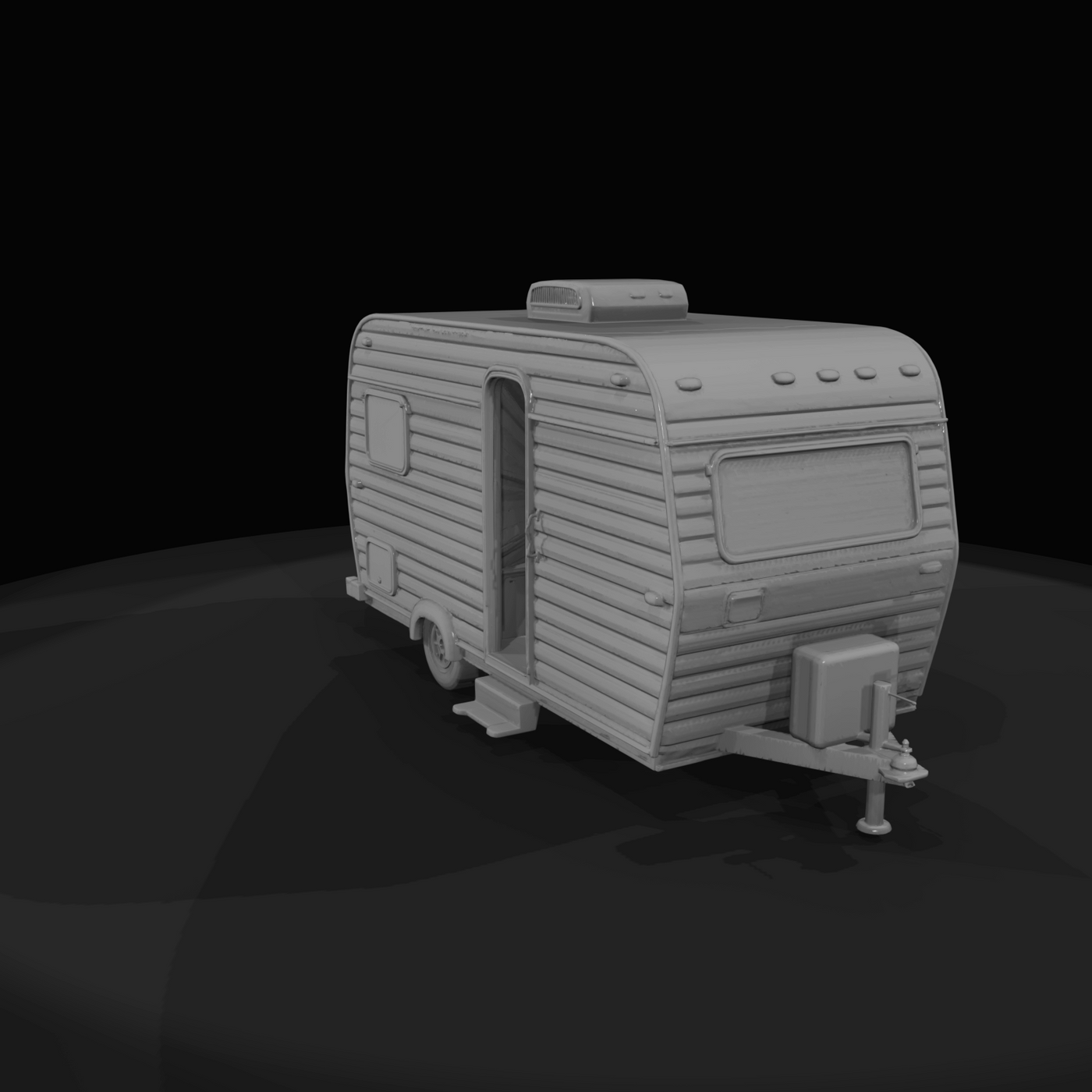 small single-axle travel trailer with corrugated/ribbed exterior siding and rooftop vent/A/C housing