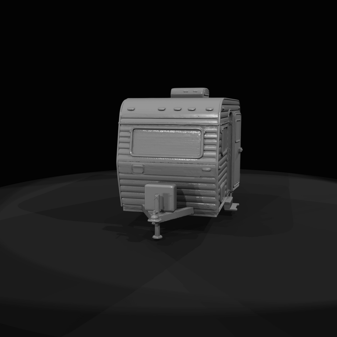 small single-axle travel trailer with corrugated/ribbed exterior siding and rooftop vent/A/C housing