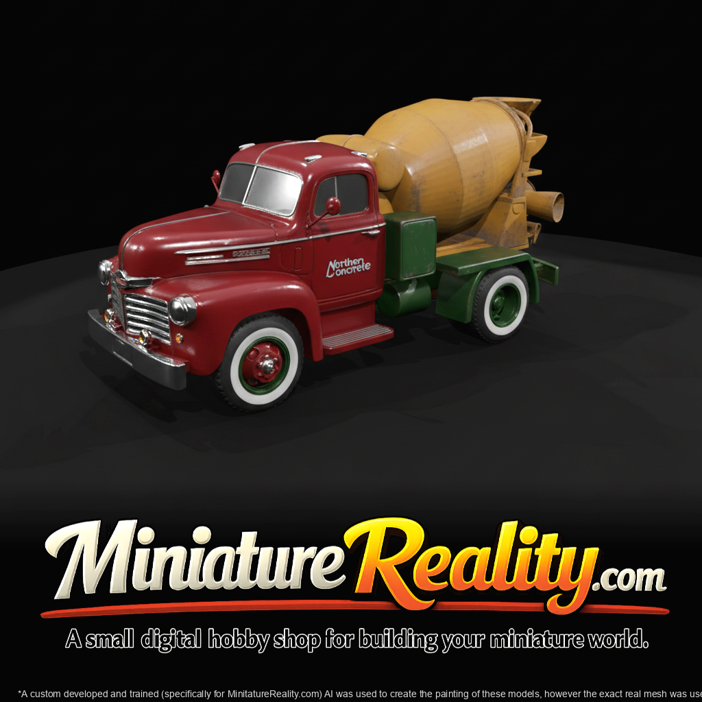 mid-20th-century light-duty concrete mixer truck (1940s–1960s) — rotary drum, vintage industrial vehicle