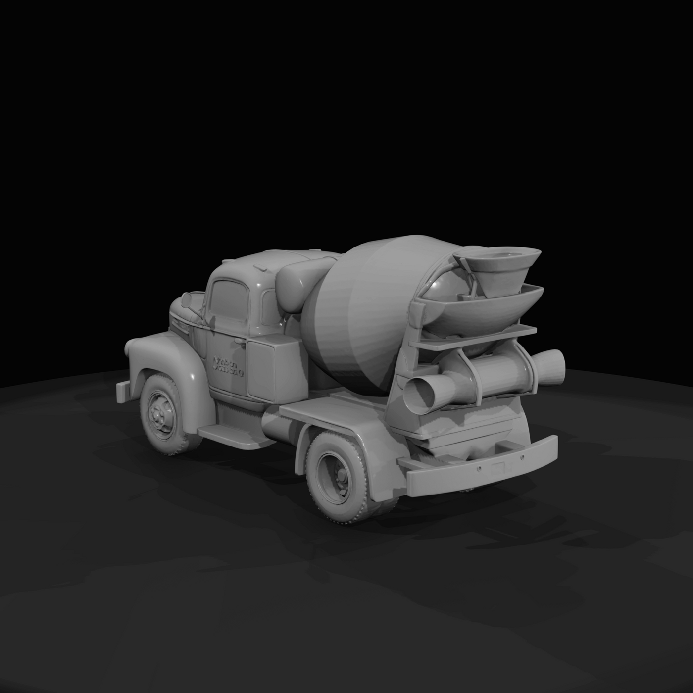 mid-20th-century light-duty concrete mixer truck (1940s–1960s) — rotary drum, vintage industrial vehicle