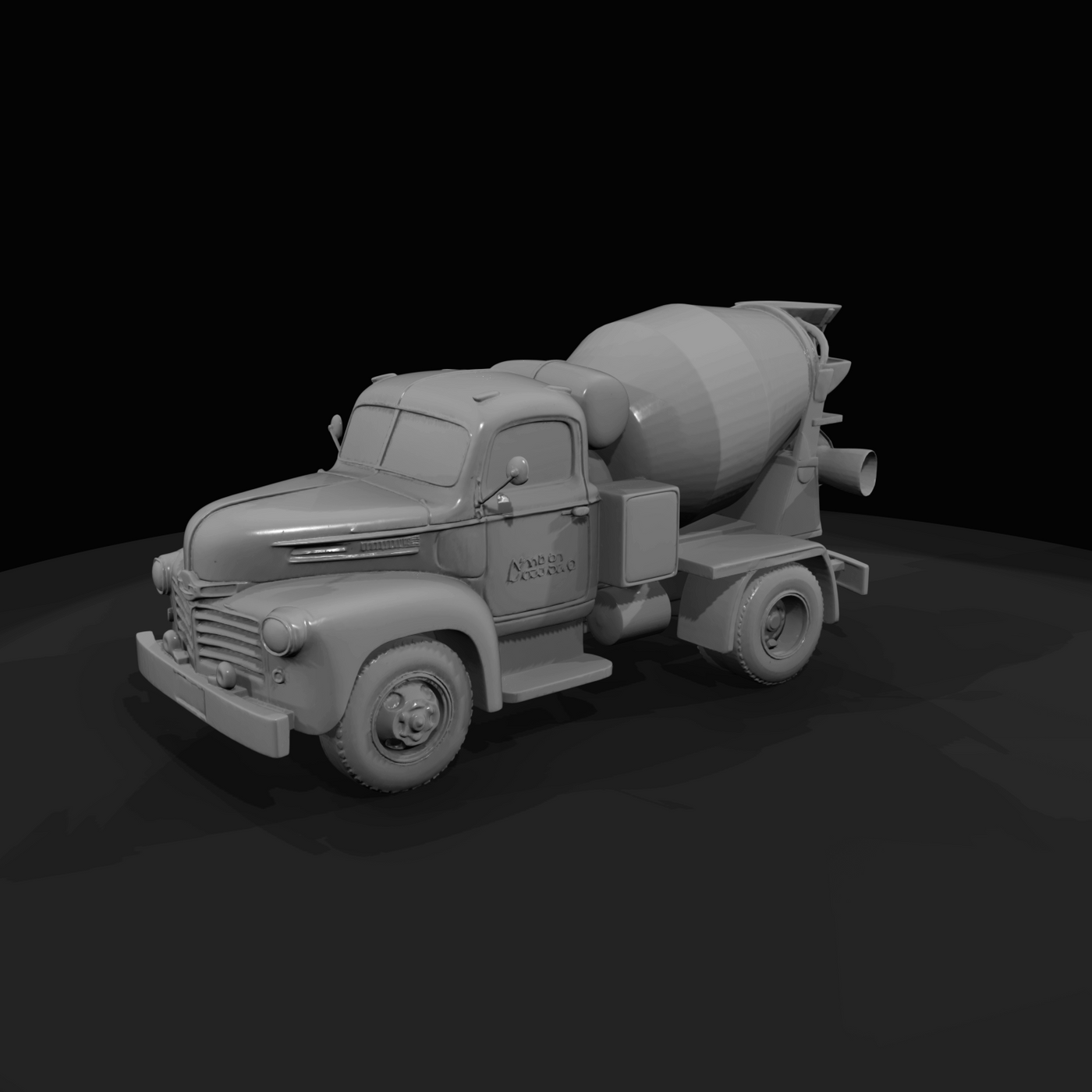 mid-20th-century light-duty concrete mixer truck (1940s–1960s) — rotary drum, vintage industrial vehicle