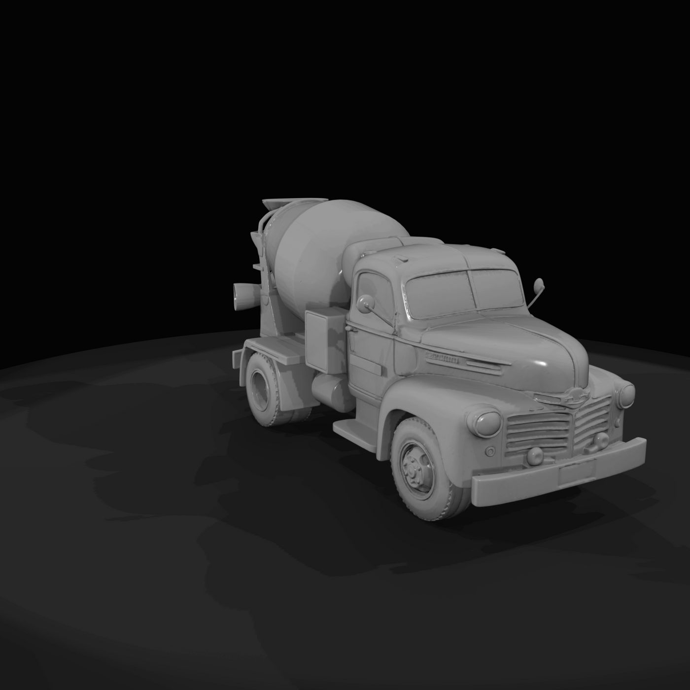 mid-20th-century light-duty concrete mixer truck (1940s–1960s) — rotary drum, vintage industrial vehicle