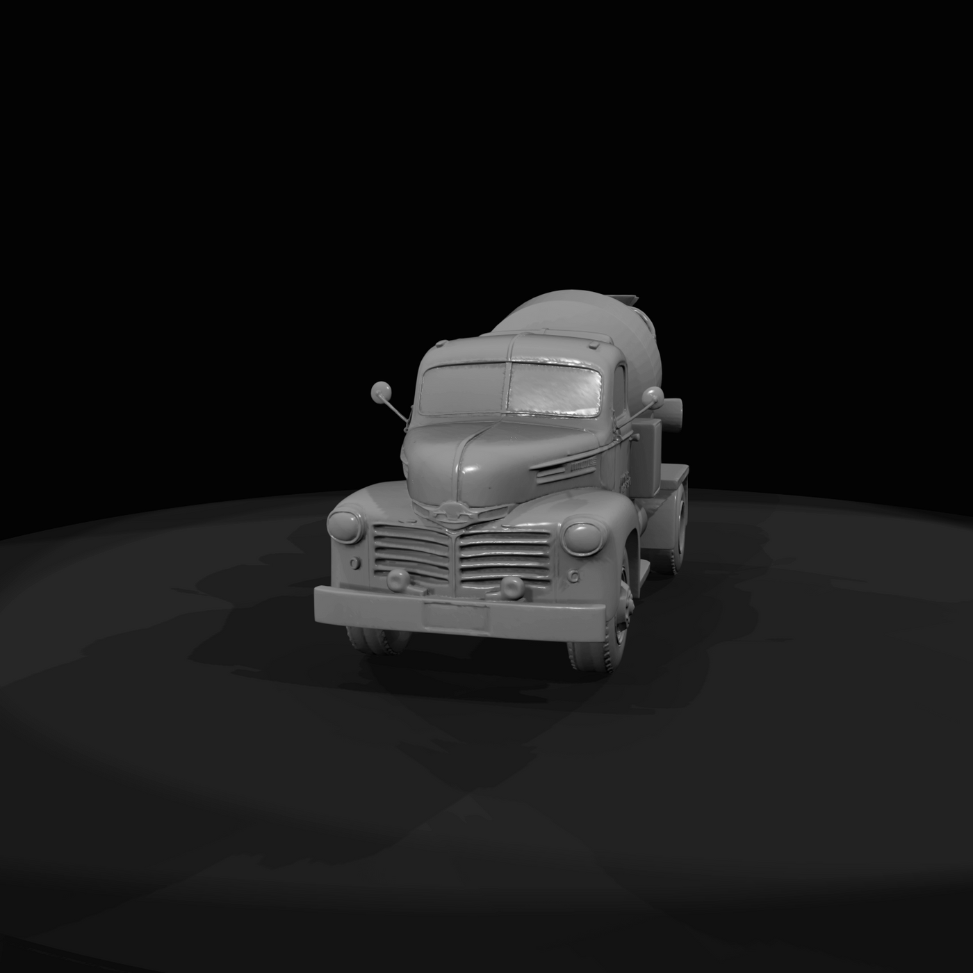 mid-20th-century light-duty concrete mixer truck (1940s–1960s) — rotary drum, vintage industrial vehicle