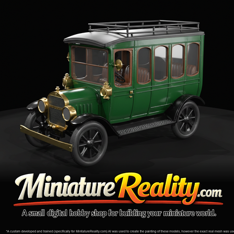 T-era style light bus–charabanc (1910s–1920s) — yellow coach, brass fixtures, early transit