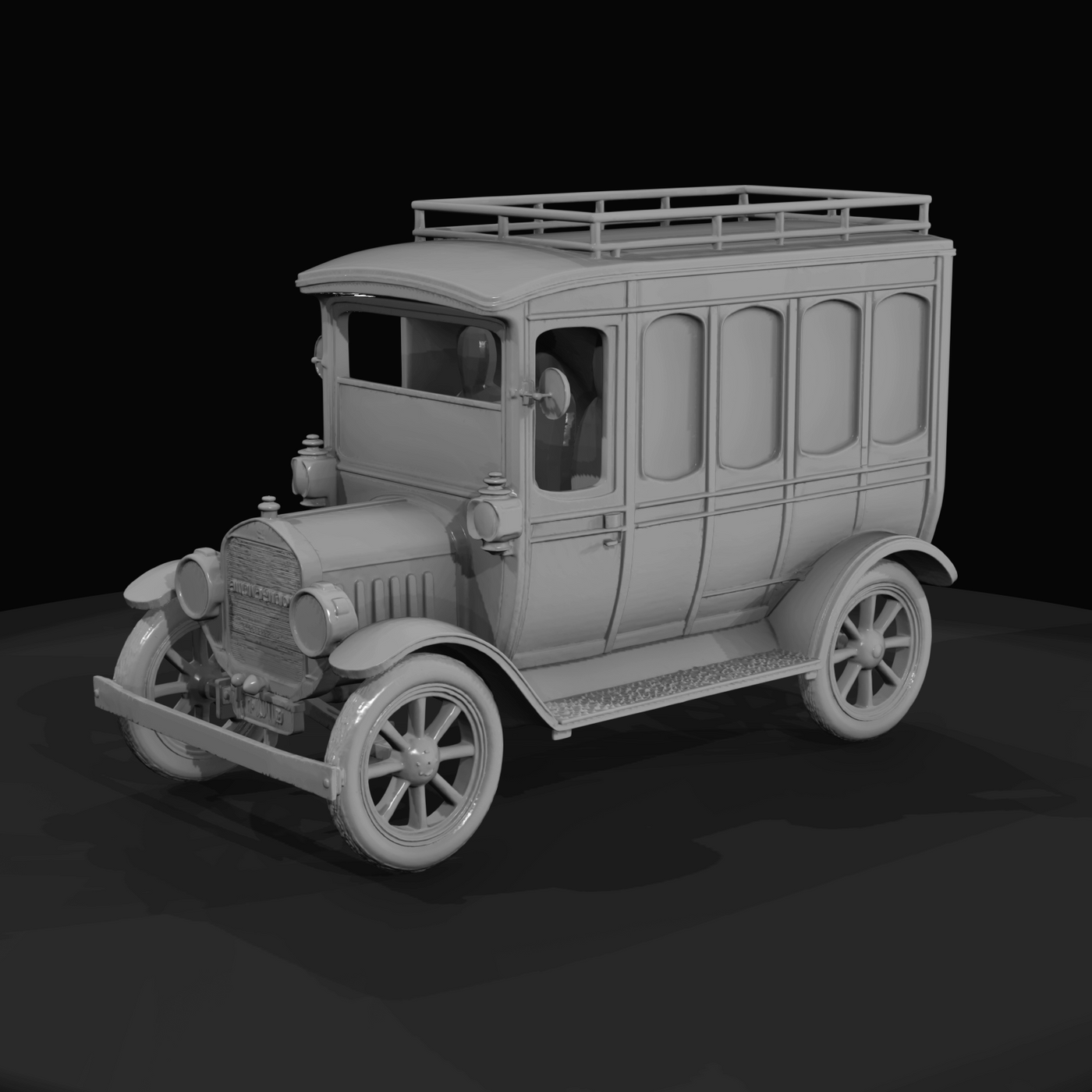 T-era style light bus–charabanc (1910s–1920s) — yellow coach, brass fixtures, early transit