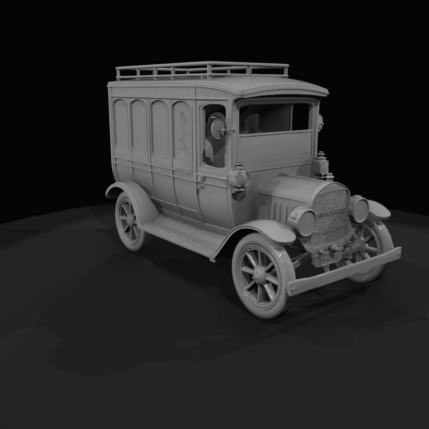 T-era style light bus–charabanc (1910s–1920s) — yellow coach, brass fixtures, early transit
