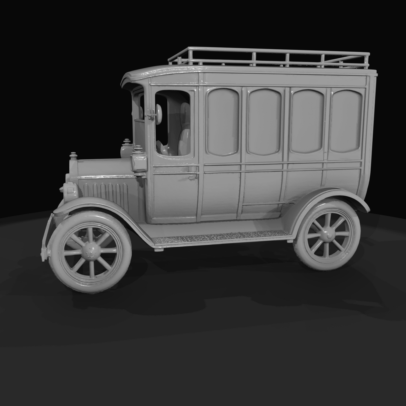 T-era style light bus–charabanc (1910s–1920s) — yellow coach, brass fixtures, early transit