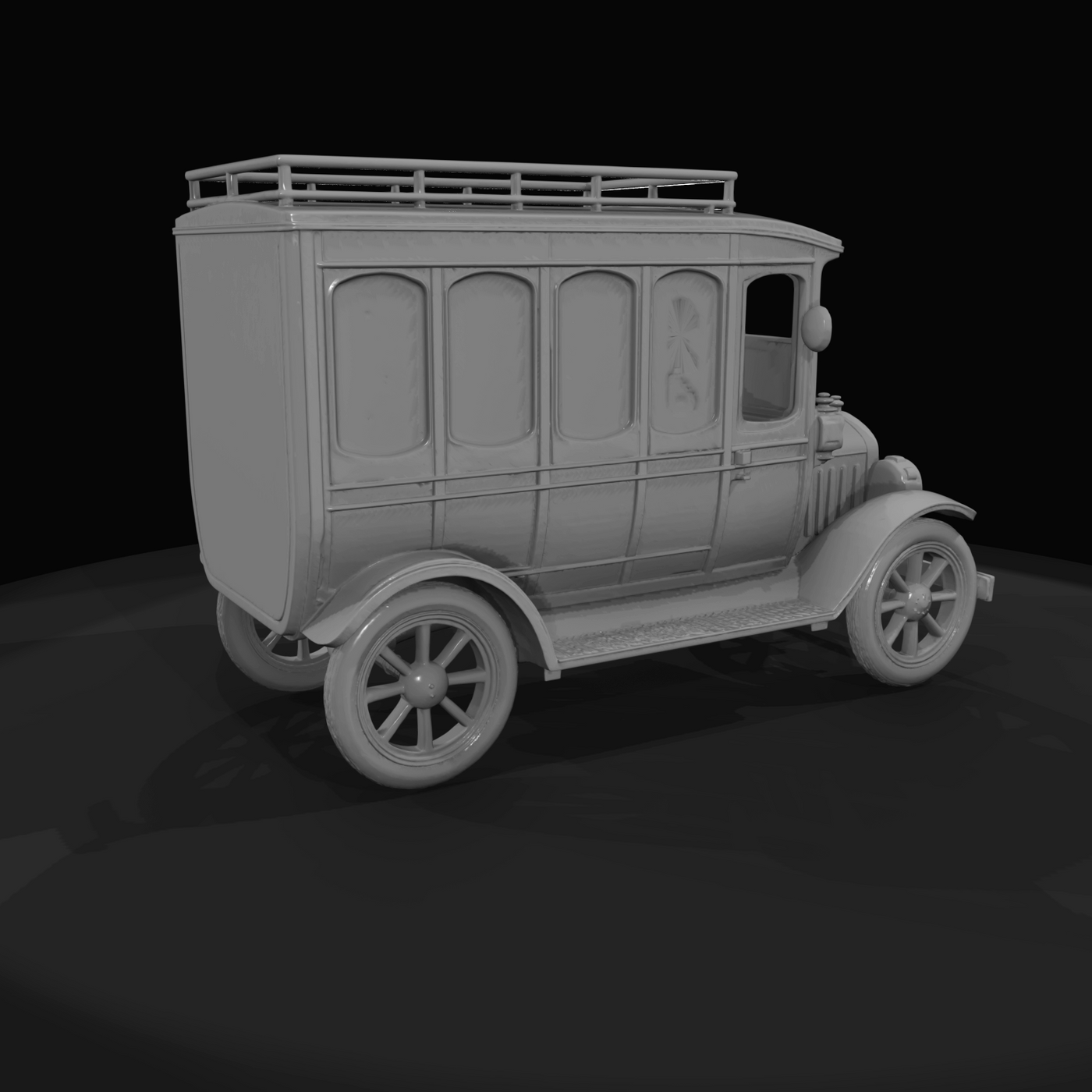 T-era style light bus–charabanc (1910s–1920s) — yellow coach, brass fixtures, early transit