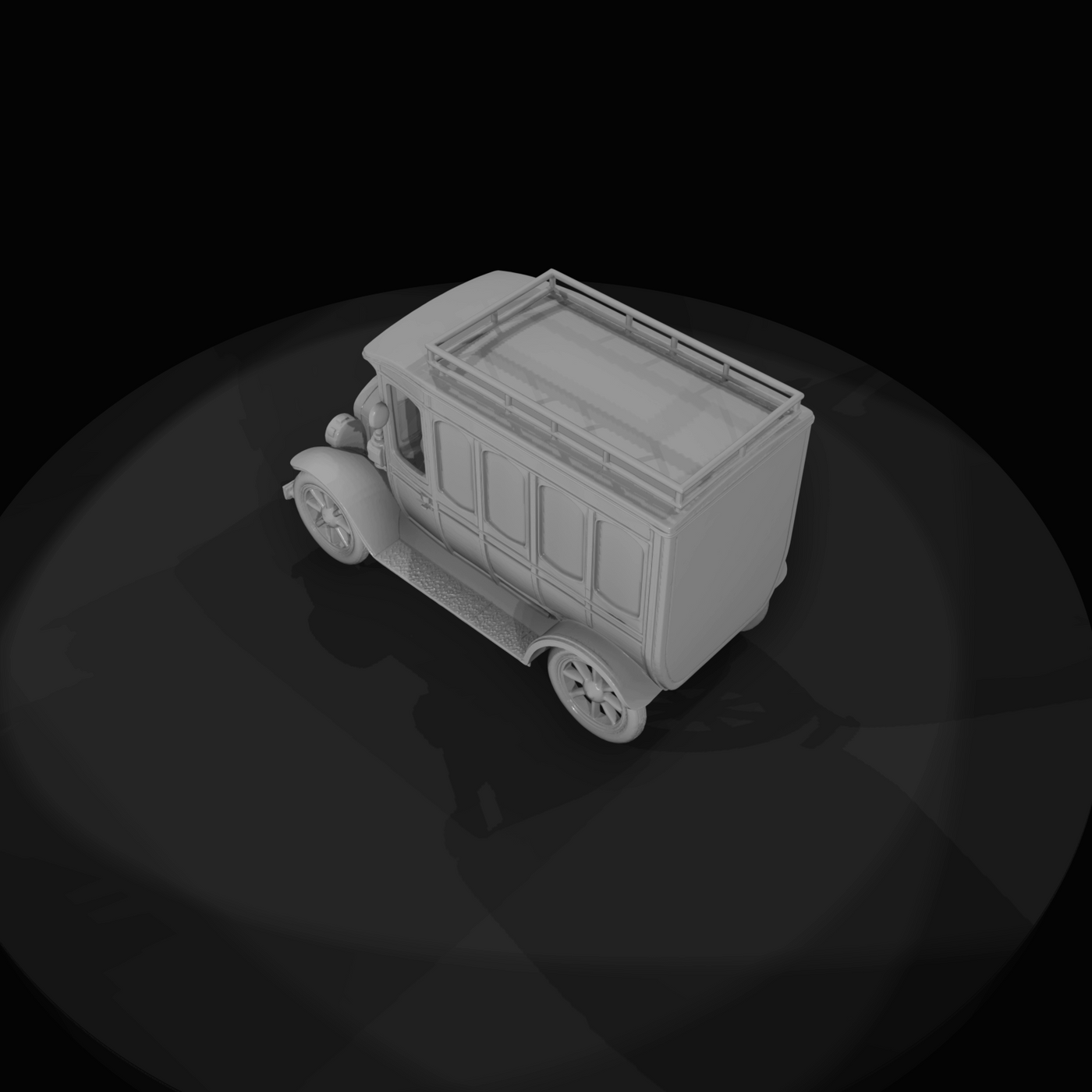 T-era style light bus–charabanc (1910s–1920s) — yellow coach, brass fixtures, early transit