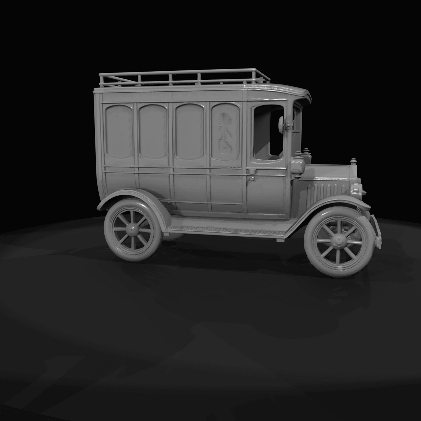 T-era style light bus–charabanc (1910s–1920s) — yellow coach, brass fixtures, early transit