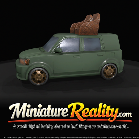small boxy hatchback (toy/scale model) with aftermarket roof seats mounted on top
