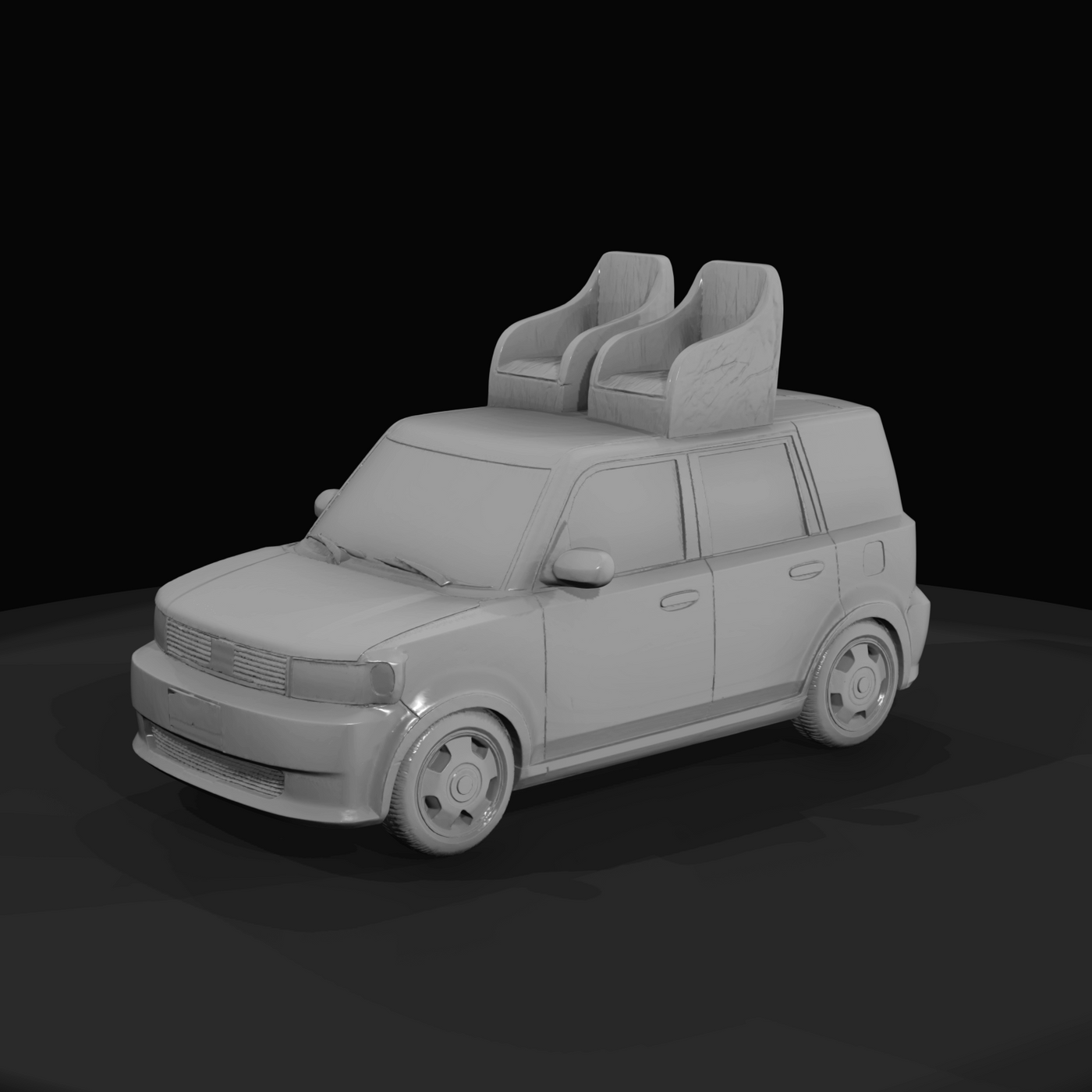 small boxy hatchback (toy/scale model) with aftermarket roof seats mounted on top