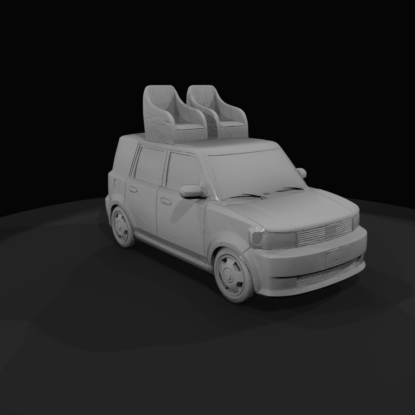 small boxy hatchback (toy/scale model) with aftermarket roof seats mounted on top