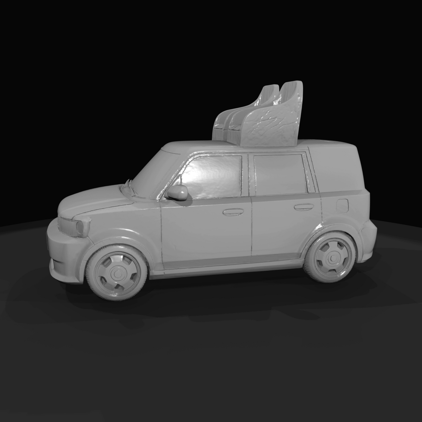 small boxy hatchback (toy/scale model) with aftermarket roof seats mounted on top
