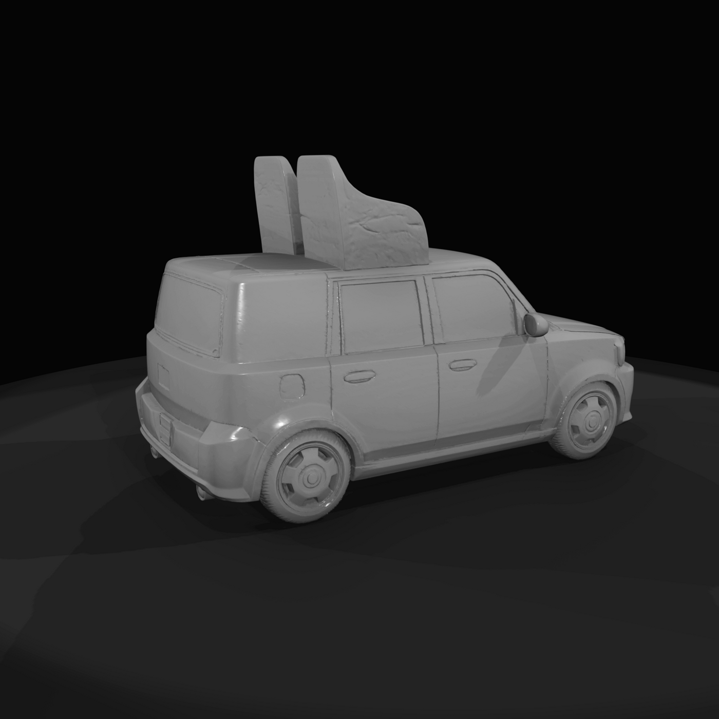 small boxy hatchback (toy/scale model) with aftermarket roof seats mounted on top