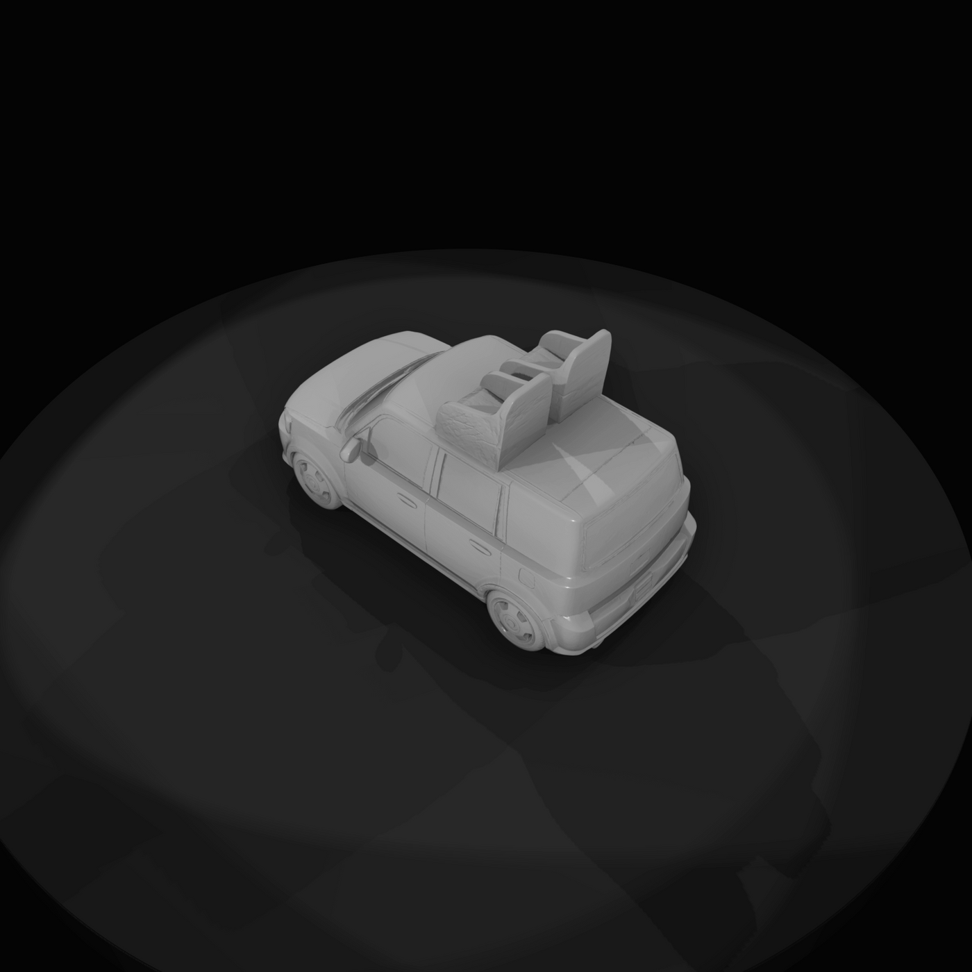 small boxy hatchback (toy/scale model) with aftermarket roof seats mounted on top