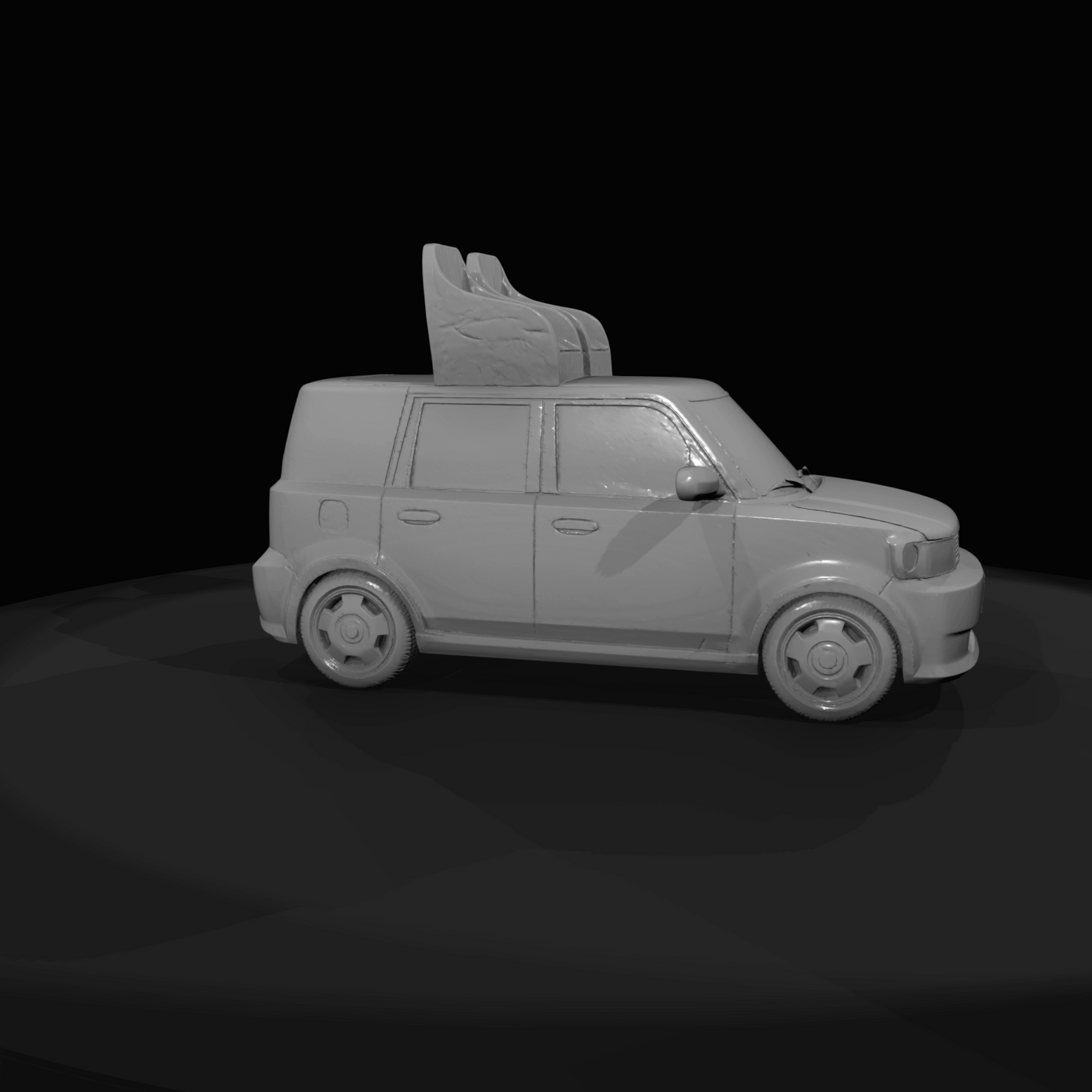 small boxy hatchback (toy/scale model) with aftermarket roof seats mounted on top
