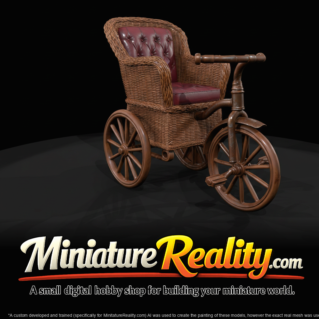Antique-style wicker three-wheeled carriage with tufted leather seat