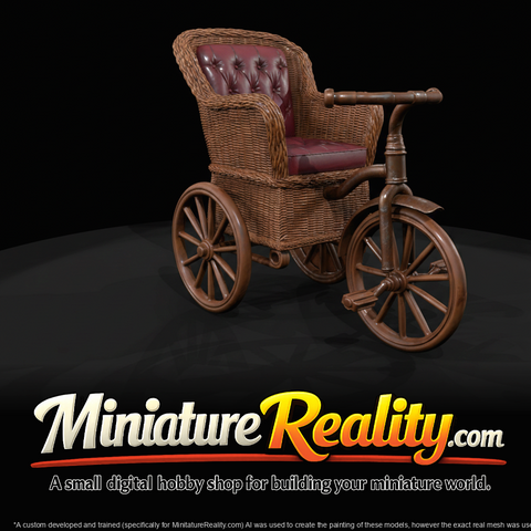 Antique-style wicker three-wheeled carriage with tufted leather seat