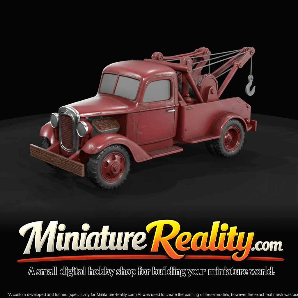 vintage tow truck, scale model (1940s–1960s) — weathered and rusted, recovery vehicle