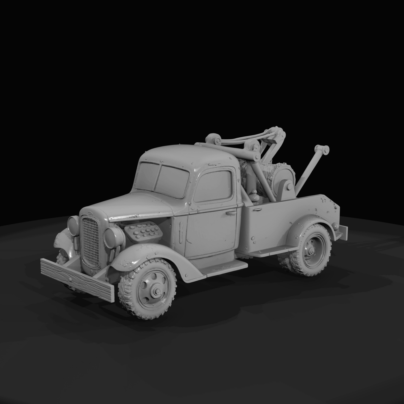 vintage tow truck, scale model (1940s–1960s) — weathered and rusted, recovery vehicle