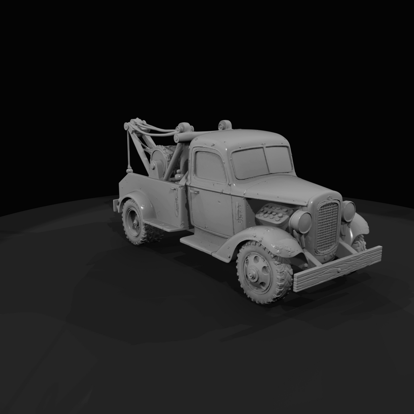 vintage tow truck, scale model (1940s–1960s) — weathered and rusted, recovery vehicle