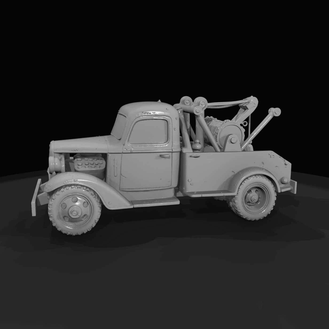 vintage tow truck, scale model (1940s–1960s) — weathered and rusted, recovery vehicle