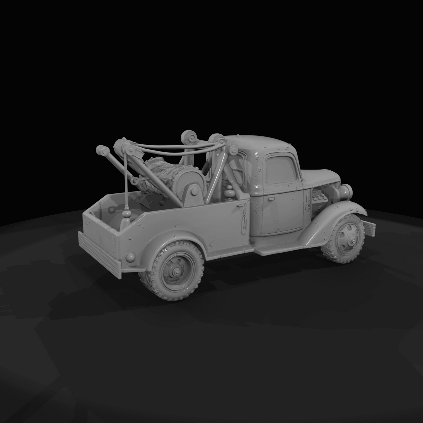 vintage tow truck, scale model (1940s–1960s) — weathered and rusted, recovery vehicle