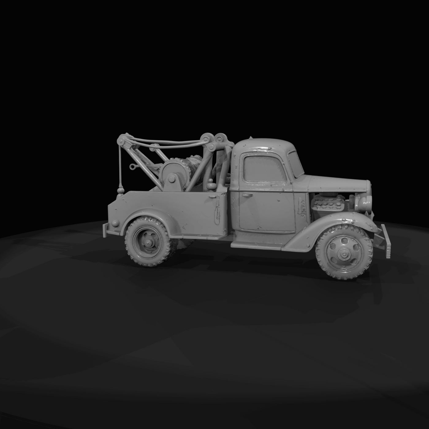 vintage tow truck, scale model (1940s–1960s) — weathered and rusted, recovery vehicle