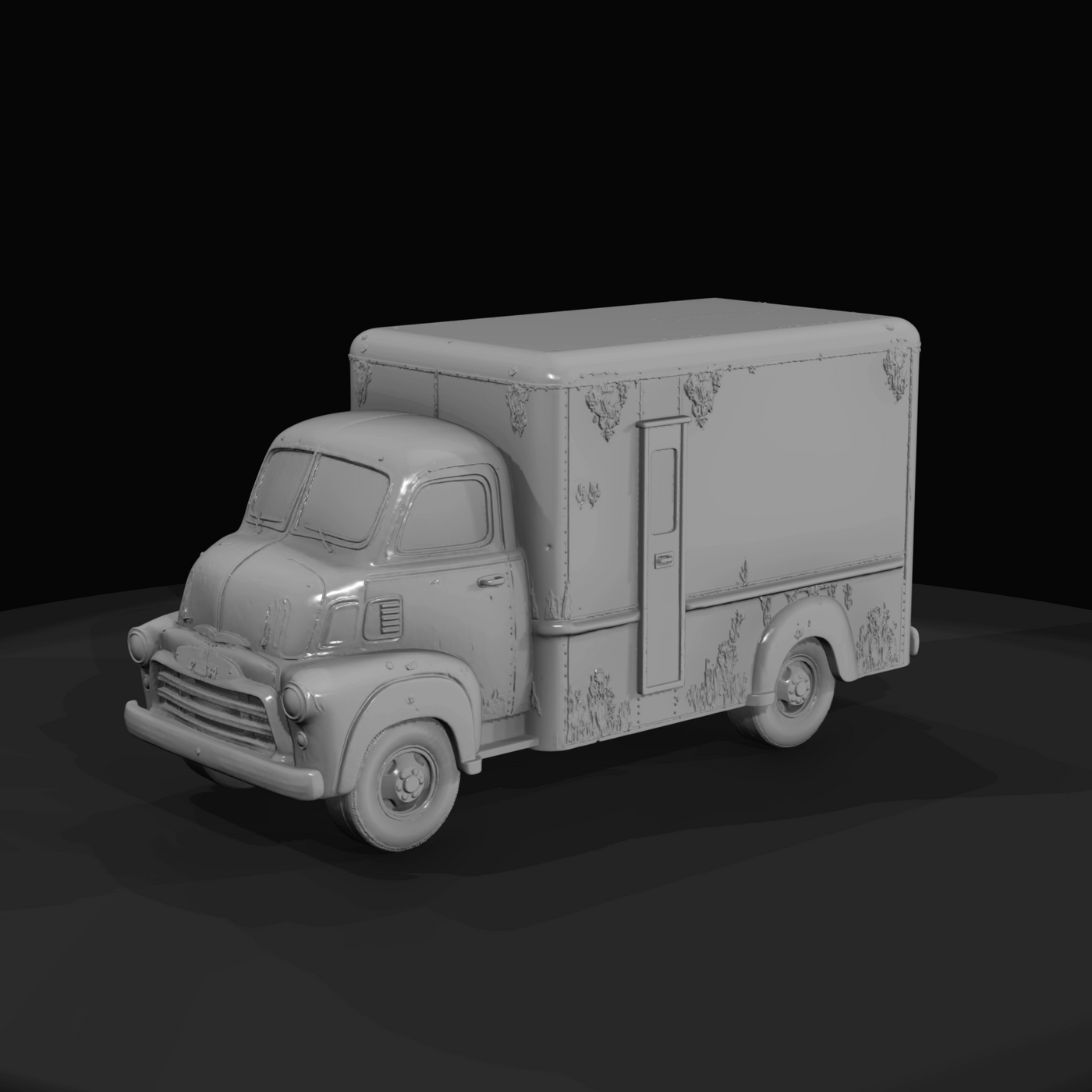mid-century delivery box truck, scale model (1940s–1960s) — weathered, commercial straight truck