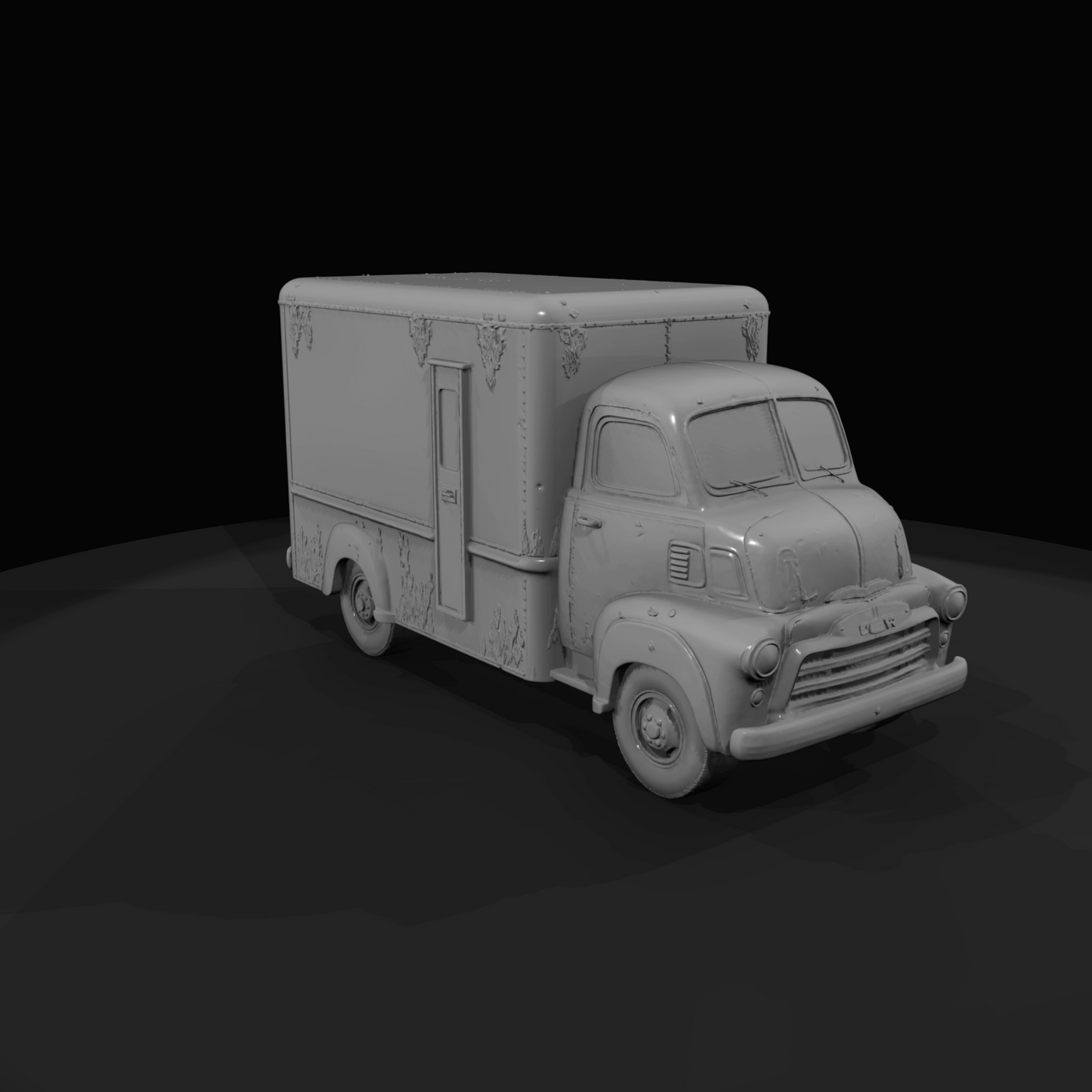 mid-century delivery box truck, scale model (1940s–1960s) — weathered, commercial straight truck